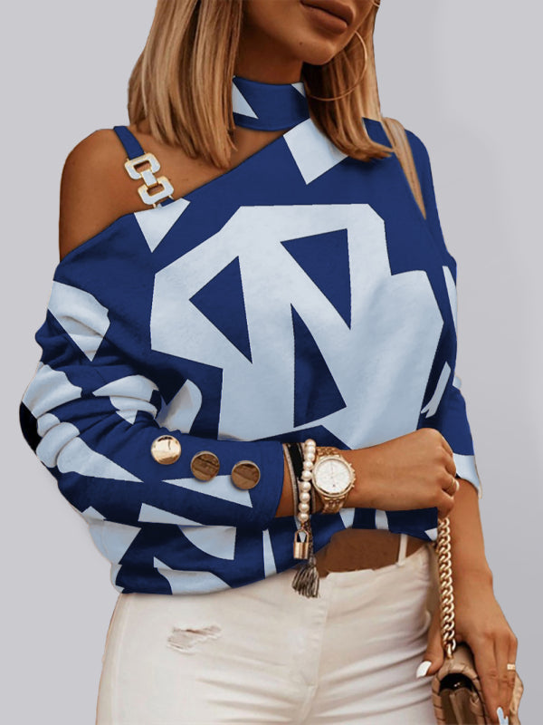Maddalena Check Geometric Pattern Print Long Sleeve Chain Halter Print Button Top