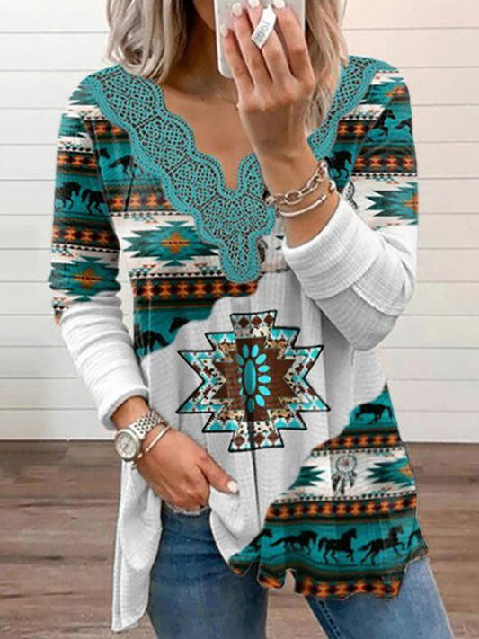 Amari Women's Knitted Casual Ethnic Aztec Print Lace Top
