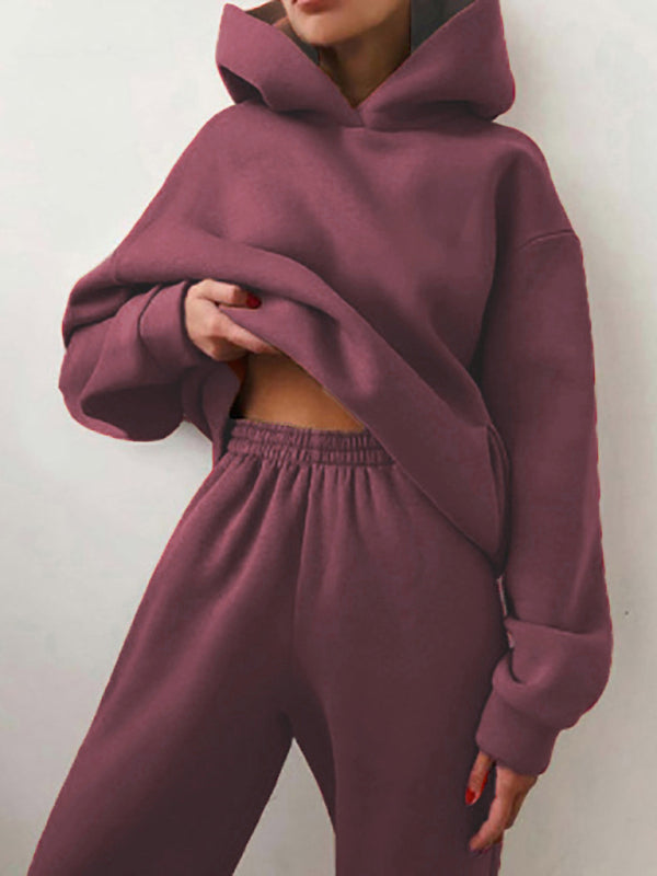 Ivory Women Solid Color Casual Fashion Trousers Thickened Long-sleeved Hooded Set