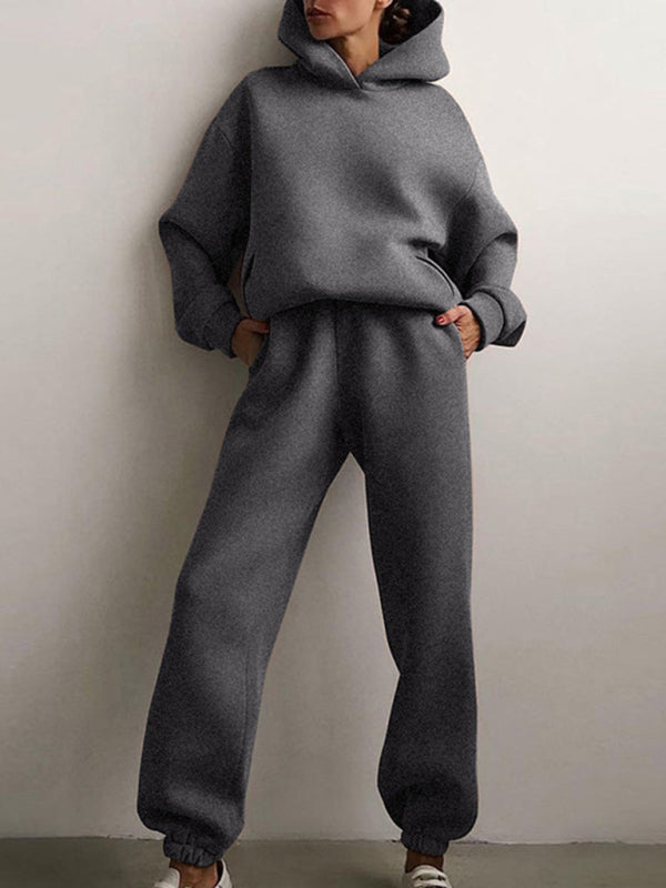 Ivory Women Solid Color Casual Fashion Trousers Thickened Long-sleeved Hooded Set