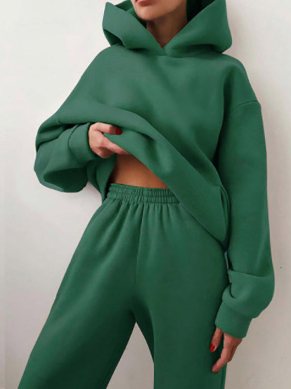 Ivory Women Solid Color Casual Fashion Trousers Thickened Long-sleeved Hooded Set