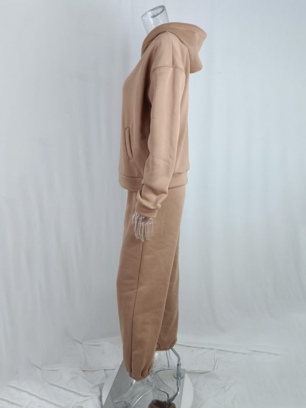 Ivory Women Solid Color Casual Fashion Trousers Thickened Long-sleeved Hooded Set
