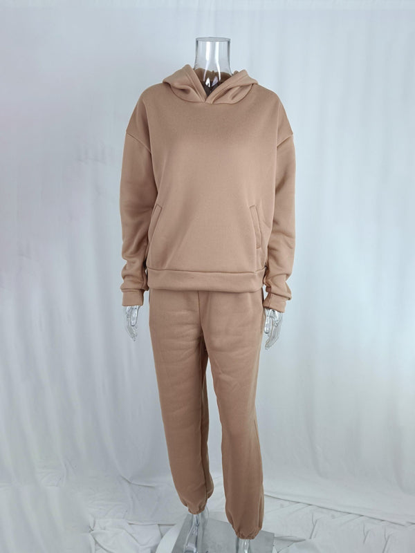 Ivory Women Solid Color Casual Fashion Trousers Thickened Long-sleeved Hooded Set