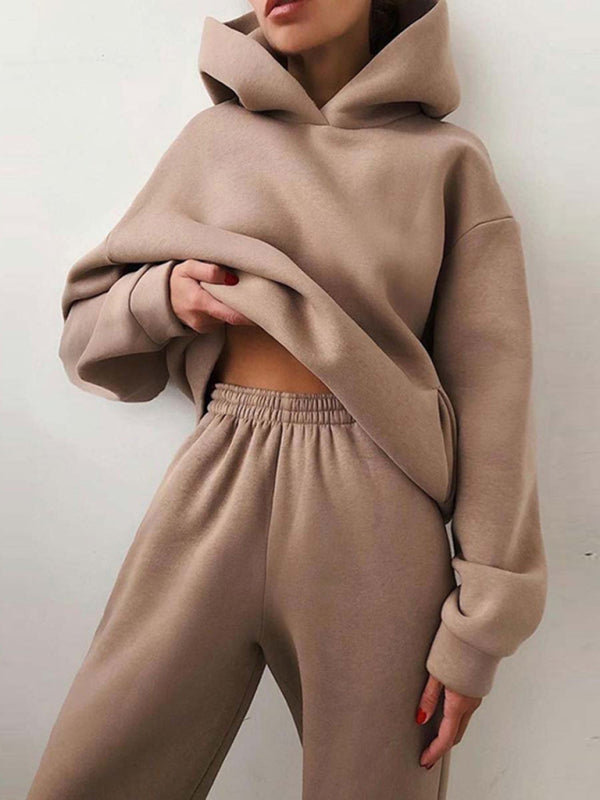 Ivory Women Solid Color Casual Fashion Trousers Thickened Long-sleeved Hooded Set