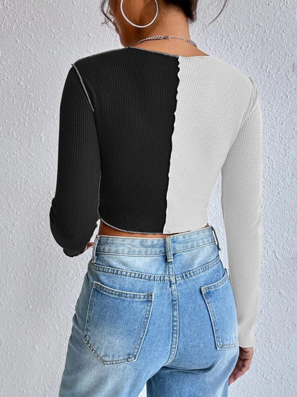 Esther Women's Casual Colorblock Waffle Shorts Long Sleeve T-Shirt