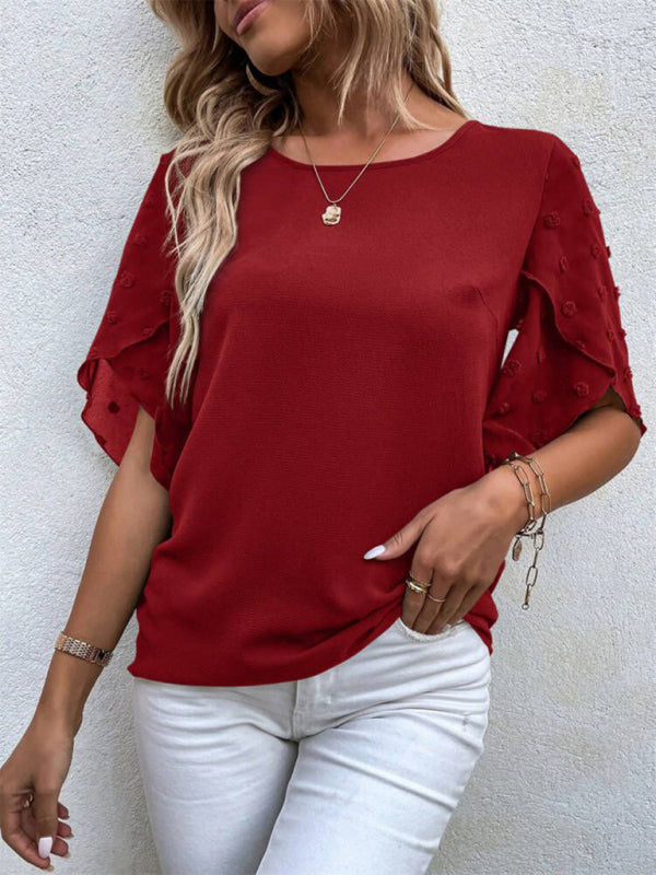 Magdalen Women's Solid Color Lace Paneling Round Neck Short Sleeve Top