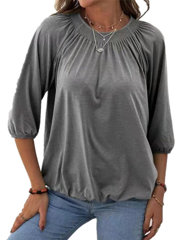 Jeannie Solid Color Loose Round Neck 3/4 Sleeves Ladies T-Shirt