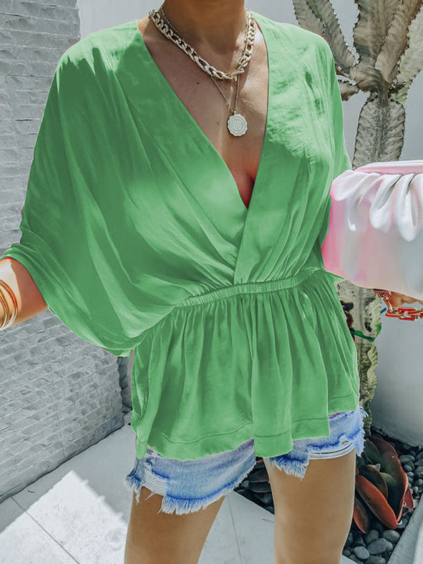 Mahalia New Style Cotton V-Neck Elastic Waist Casual Fashion Short-Sleeved Shirt