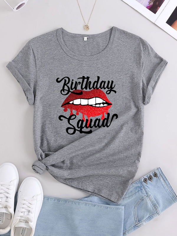 Eulalie Lips Print Birthday Graphic Casual Tee