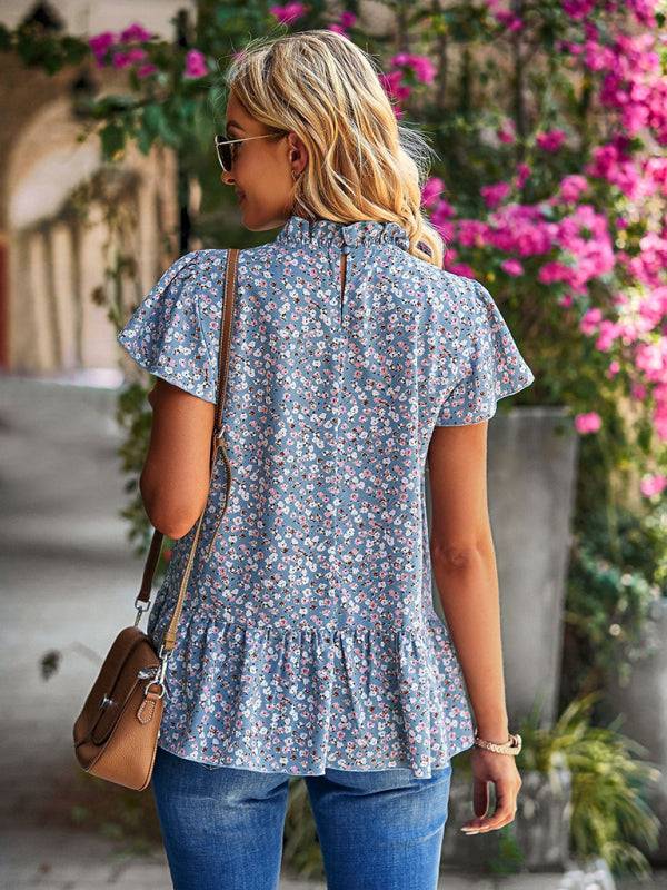 Maira Summer New Floral Print Turtleneck Blouse Loose Holiday Style