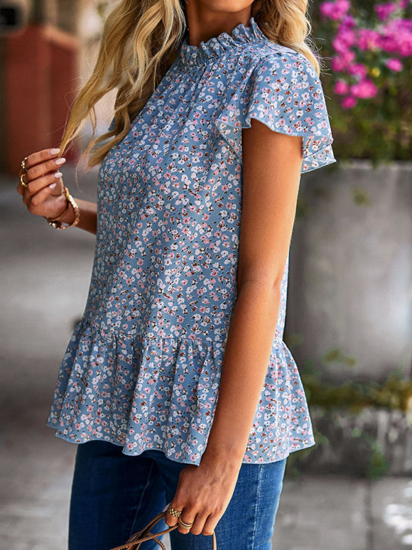 Maira Summer New Floral Print Turtleneck Blouse Loose Holiday Style