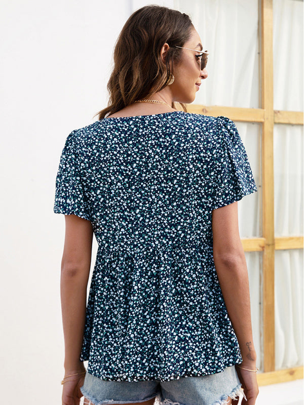 Maira V-Neck Loose Pleated Print Casual European And American Tops