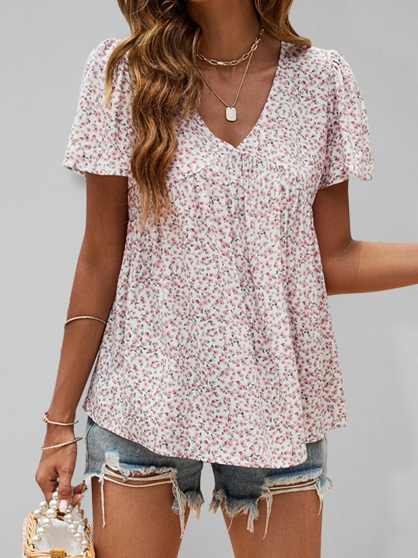 Maira V-Neck Loose Pleated Print Casual European And American Tops