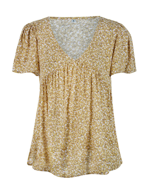 Maira V-Neck Loose Pleated Print Casual European And American Tops