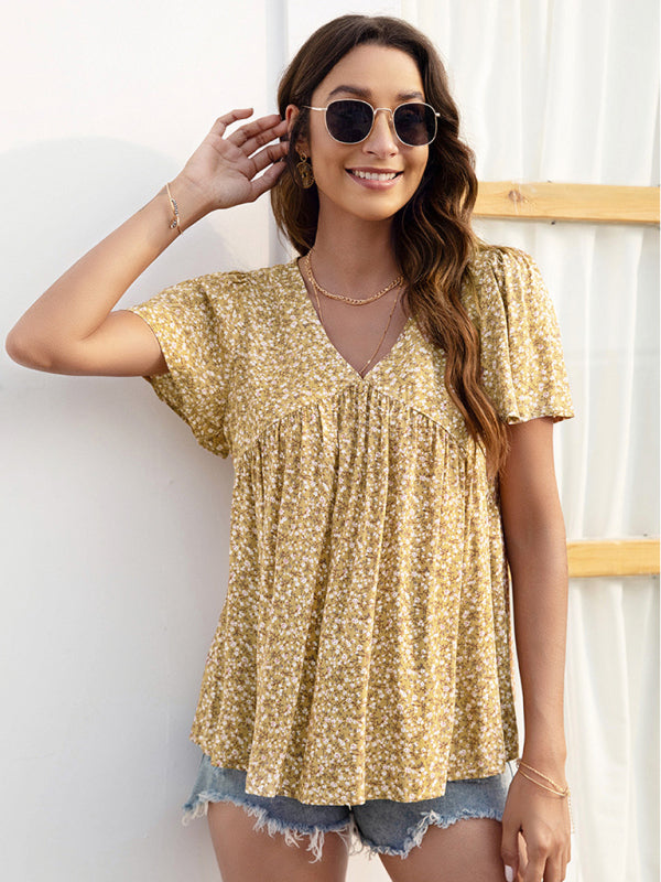 Maira V-Neck Loose Pleated Print Casual European And American Tops