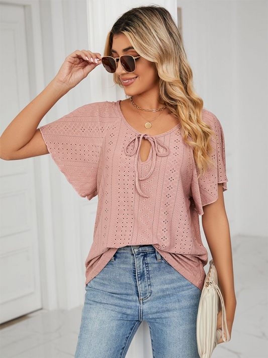Jaelyn Women's Solid Color Round Neck Tie Short Sleeve Loose Knit Top