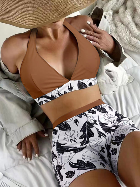 Henrietta Women's High Waist Boxer Tie Printed Solid Color Panel Bikini