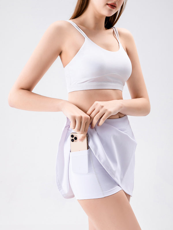 Deborah Sports Yoga Short Skirt Culottes Half Body Quick-Drying Pocket Skirt Side Slit Strappy Skirt