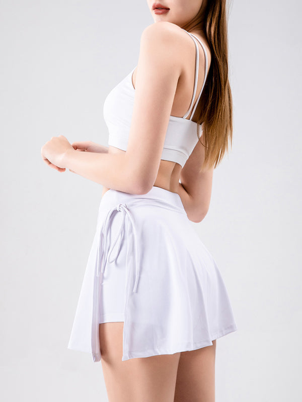 Deborah Sports Yoga Short Skirt Culottes Half Body Quick-Drying Pocket Skirt Side Slit Strappy Skirt