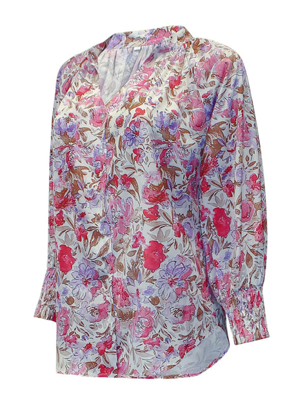 Agatha Floral V-Neck Long-Sleeved Cardigan Single-Breasted Casual Shirt For Women