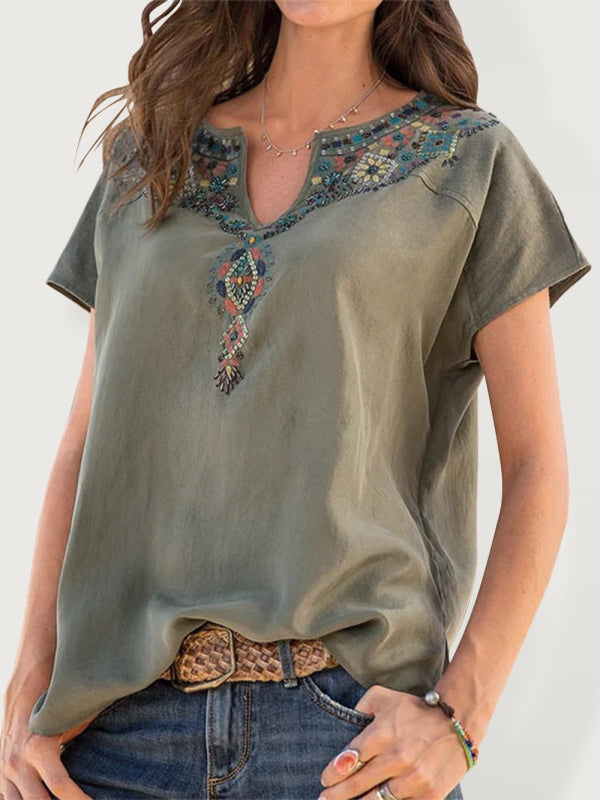 Nieve Women's Woven Western Ethnic Style Loose Short Sleeve Top