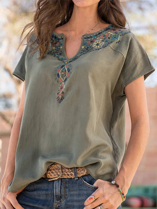 Nieve Women's Woven Western Ethnic Style Loose Short Sleeve Top
