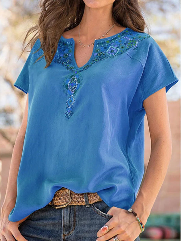 Nieve Women's Woven Western Ethnic Style Loose Short Sleeve Top