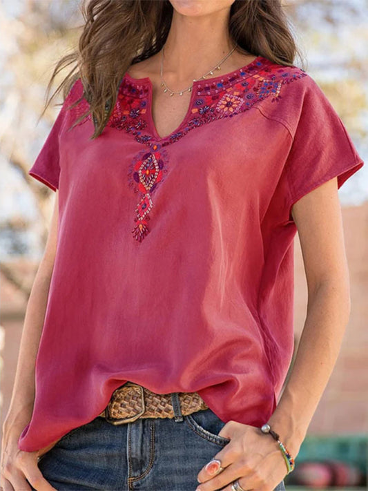 Nieve Women's Woven Western Ethnic Style Loose Short Sleeve Top