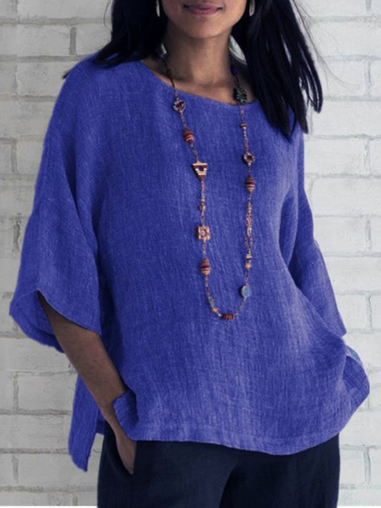 Neryssa Foreign Trade Women's Three-Quarter Sleeve Round Neck Cotton Linen Shirt Top