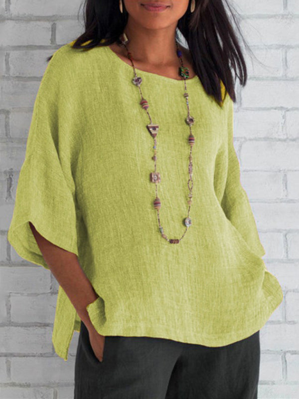 Neryssa Foreign Trade Women's Three-Quarter Sleeve Round Neck Cotton Linen Shirt Top