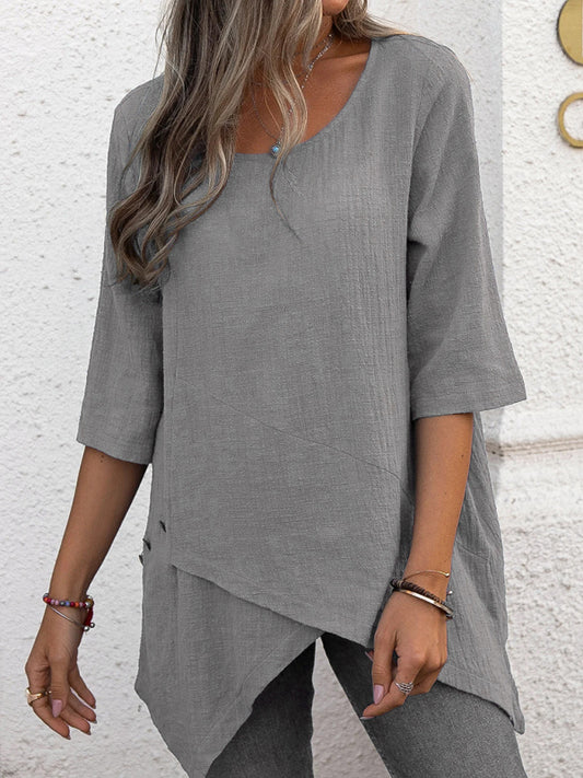 Naia Cotton Linen Round Neck Irregular Shirt Half Sleeve Top