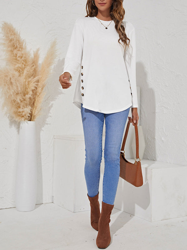 Ramona Round Neck Women's Casual Simple Button Long Sleeve T-Shirt