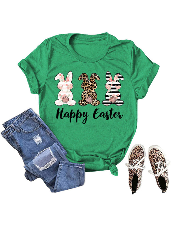 Elena Women's Easter Bunny HAPPY EASTER Letter Print Short Sleeve T-Shirt