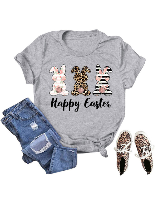 Elena Women's Easter Bunny HAPPY EASTER Letter Print Short Sleeve T-Shirt