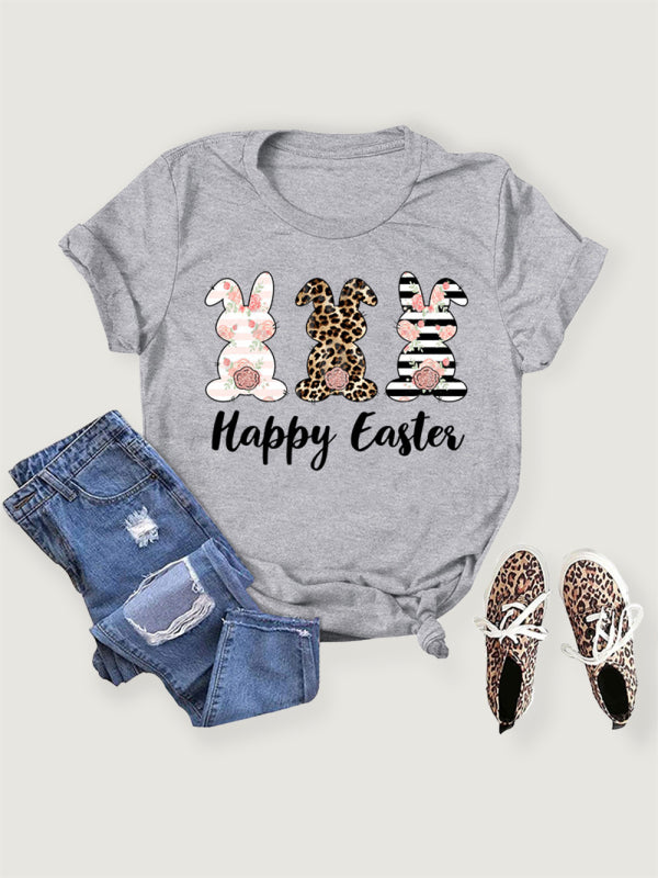 Elena Women's Easter Bunny HAPPY EASTER Letter Print Short Sleeve T-Shirt
