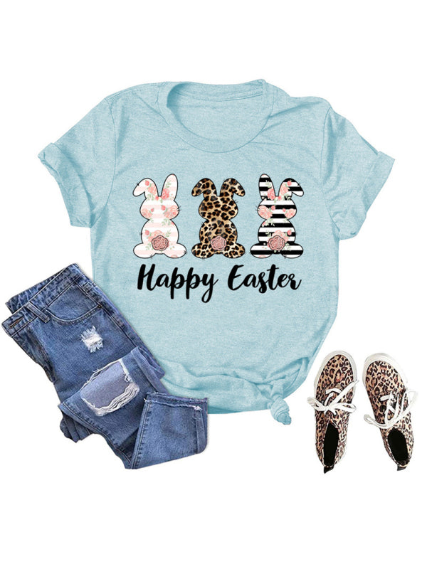 Elena Women's Easter Bunny HAPPY EASTER Letter Print Short Sleeve T-Shirt