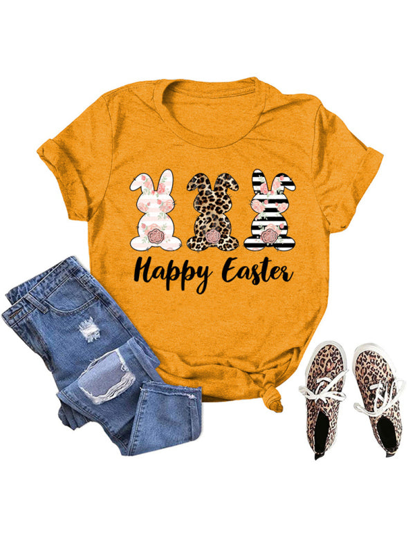 Elena Women's Easter Bunny HAPPY EASTER Letter Print Short Sleeve T-Shirt
