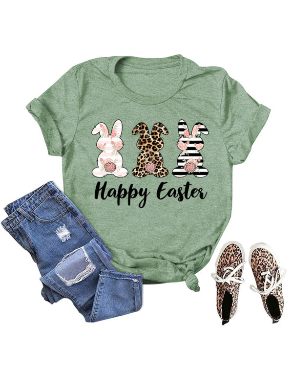 Elena Women's Easter Bunny HAPPY EASTER Letter Print Short Sleeve T-Shirt