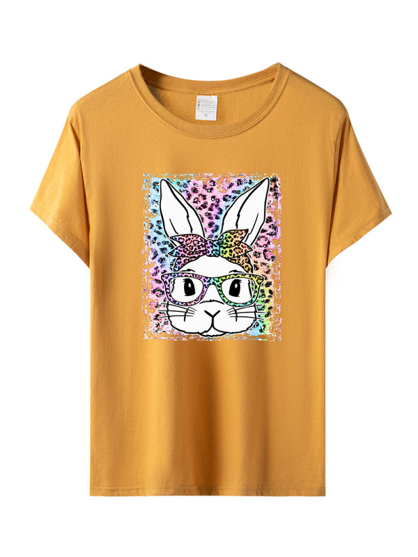 Martha Women's Easter Leopard Bunny Print Short Sleeve T-Shirt
