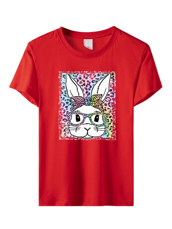 Martha Women's Easter Leopard Bunny Print Short Sleeve T-Shirt