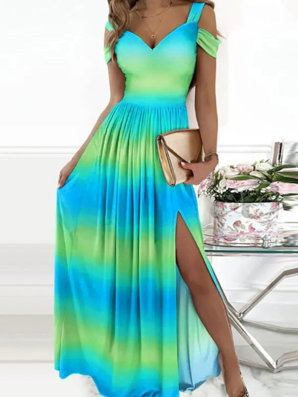 Amanda Women's Long Dress Printed V-neck Temperament Sleeveless Sexy Slit Dress