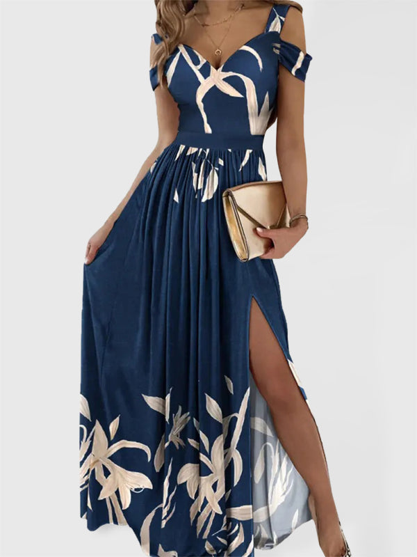 Amanda Women's Long Dress Printed V-neck Temperament Sleeveless Sexy Slit Dress