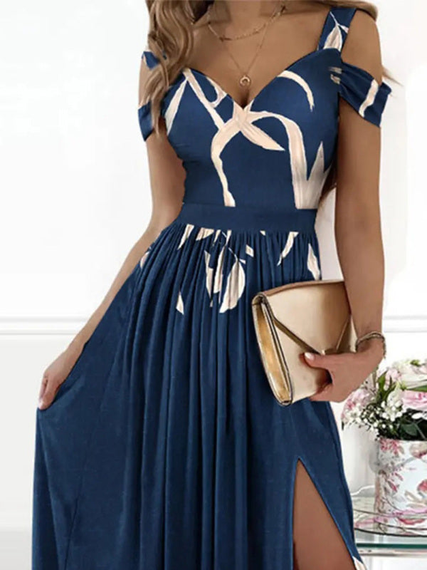 Amanda Women's Long Dress Printed V-neck Temperament Sleeveless Sexy Slit Dress