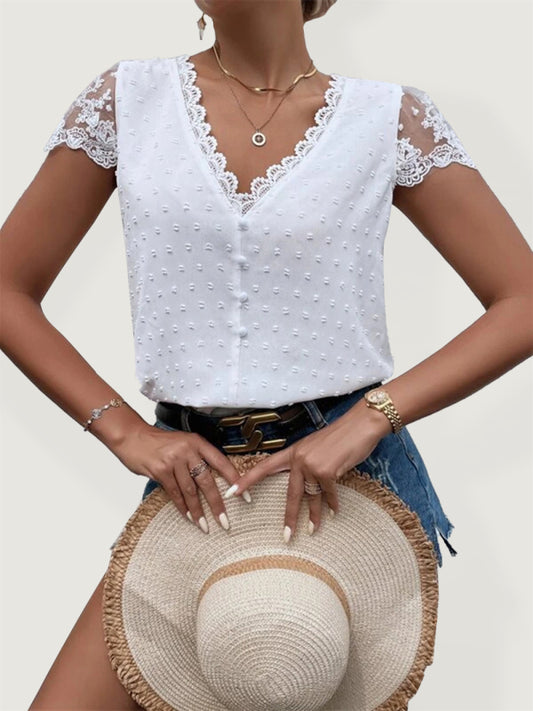 Renata V-Neck Shirt Collar Sleeve Panel Lace Trim Shirt