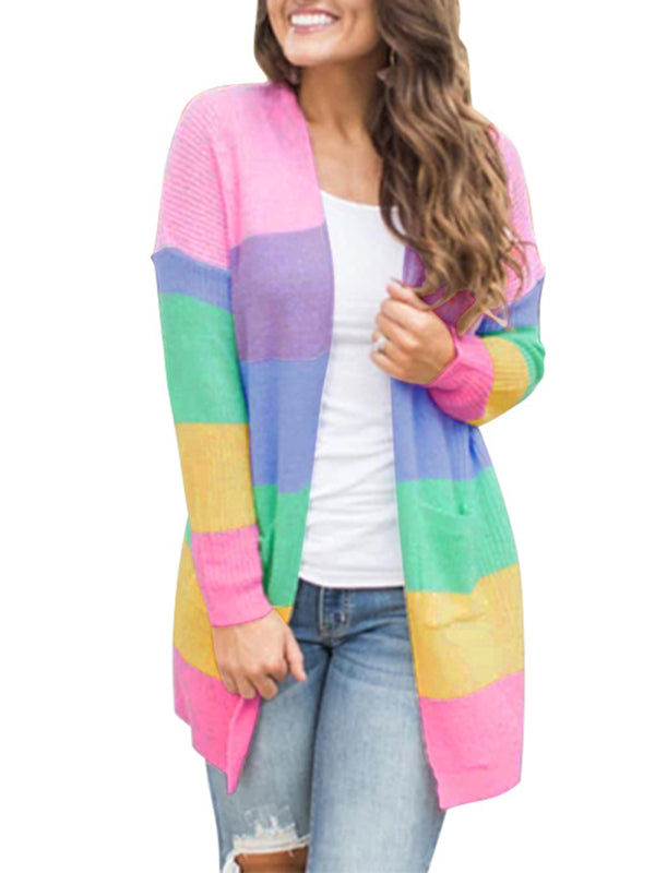Roxanne Sweater Loose Color Long Sleeve Contrasting Color Striped Knit Cardigan Jacket