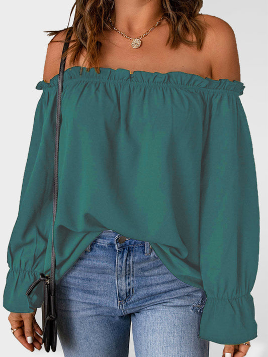 Leonie One-Neck Chiffon Shirt Solid Color Pullover Sexy Off-The-Shoulder Top