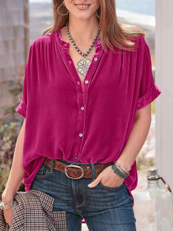 Rafaella Gold Velvet Solid Color Short-Sleeved Round Neck Shirt