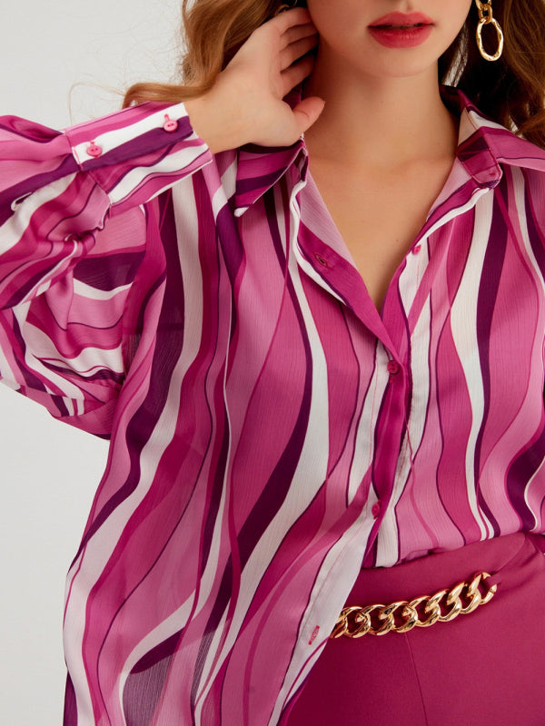 Quintessa Shirt Vertical Stripe Loose Cardigan Digital Printing Personality Street Shirt