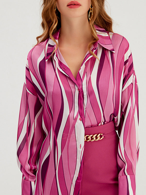 Quintessa Shirt Vertical Stripe Loose Cardigan Digital Printing Personality Street Shirt