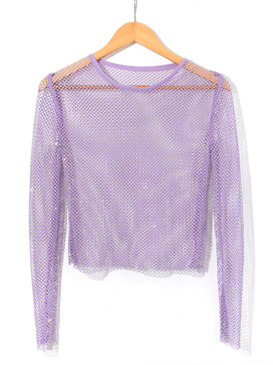 Cassidy Mesh Flash Diamond Long-Sleeved Top Female Sexy Nightclub Hot Girl Fishnet T-Shirt